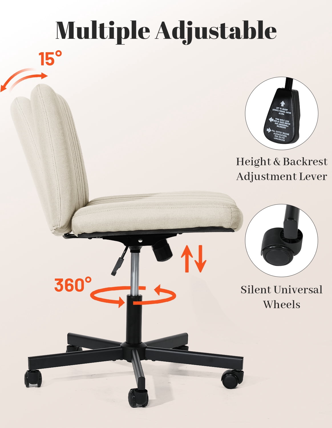 LOGYAT Armless Office Desk Chair, Criss Cross Legged Chair with Wheels, Adjustable Height, Wide Seat, Adult Vanity Chair, Beige