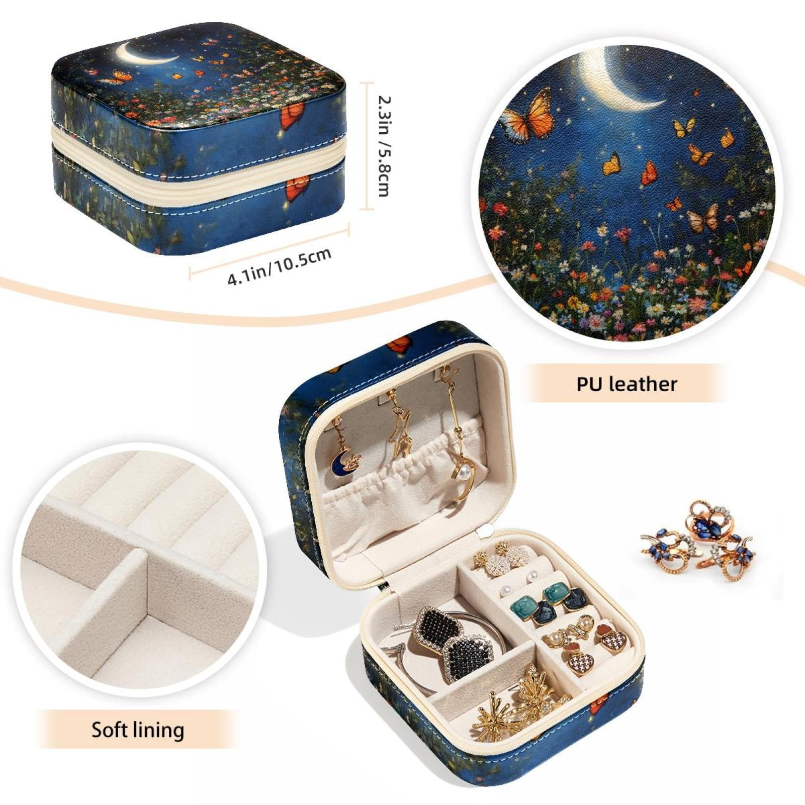 PhooArto Small Jewellery Box, Night Sky Moon Butterflies Flower Portable Travel Mini Jewelry Case for Women Leather Ring Organizer