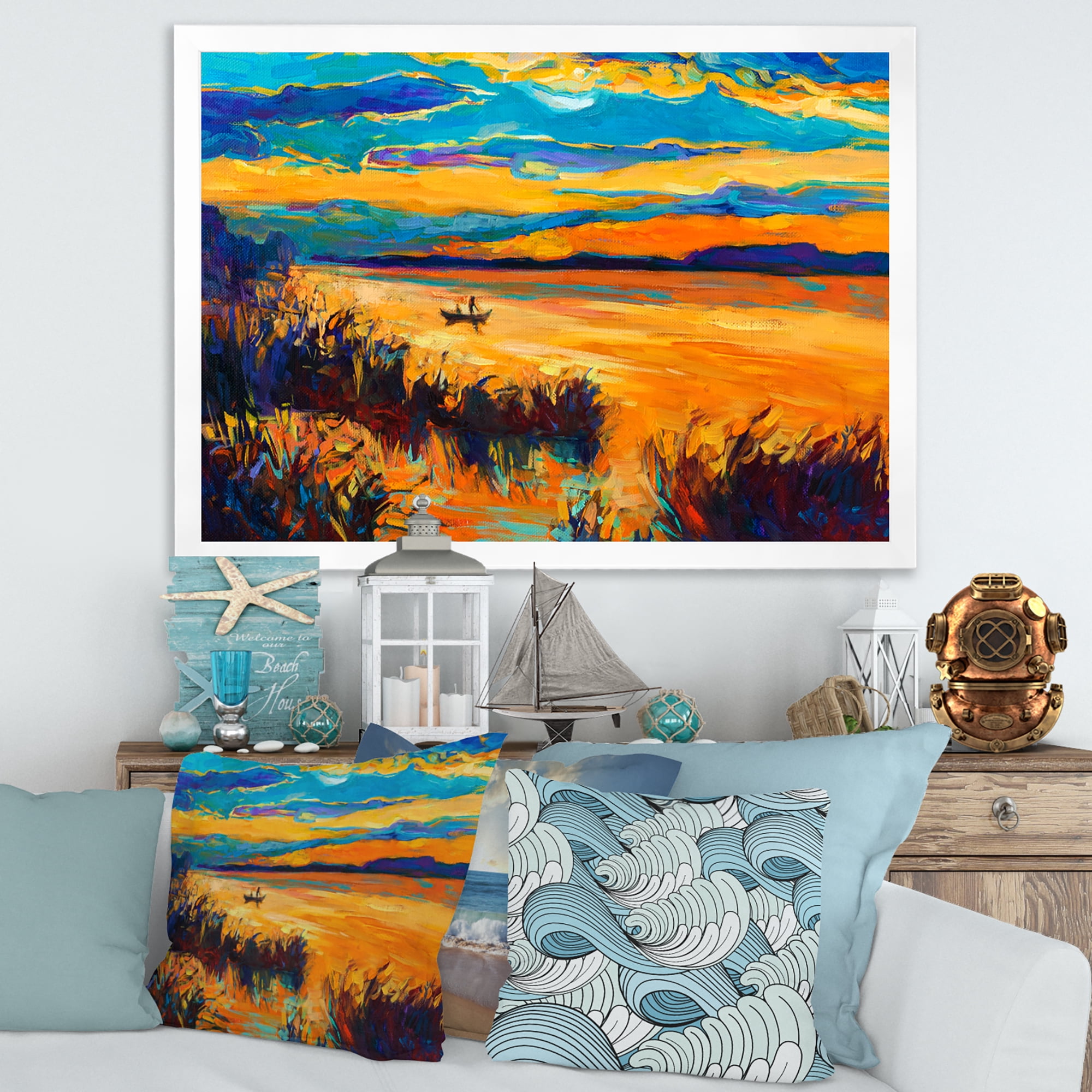 Designart 'Little Boat At The Horizon Of A Lake During Evening Glow' Nautical & Coastal Framed Art Print