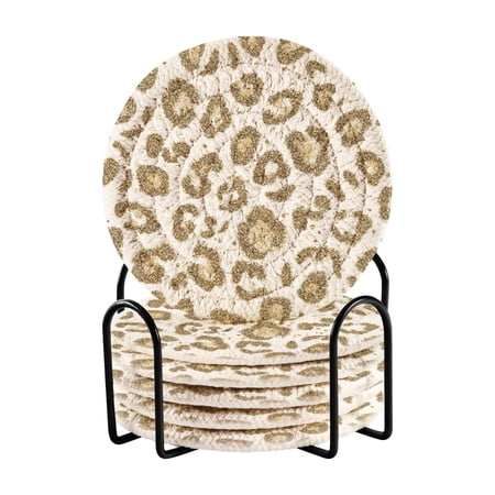6 Pcs Drink Coasters with Holder 3.94in Woven Coasters for Drinks Gold Leopard Print Pattern Coaster Set for Protection Table