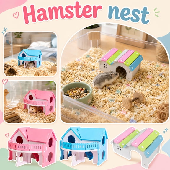 Wooden Hamster House with Balcony,Small Pet Playground and Shelter for Hamsters and Gerbils,Multicolor