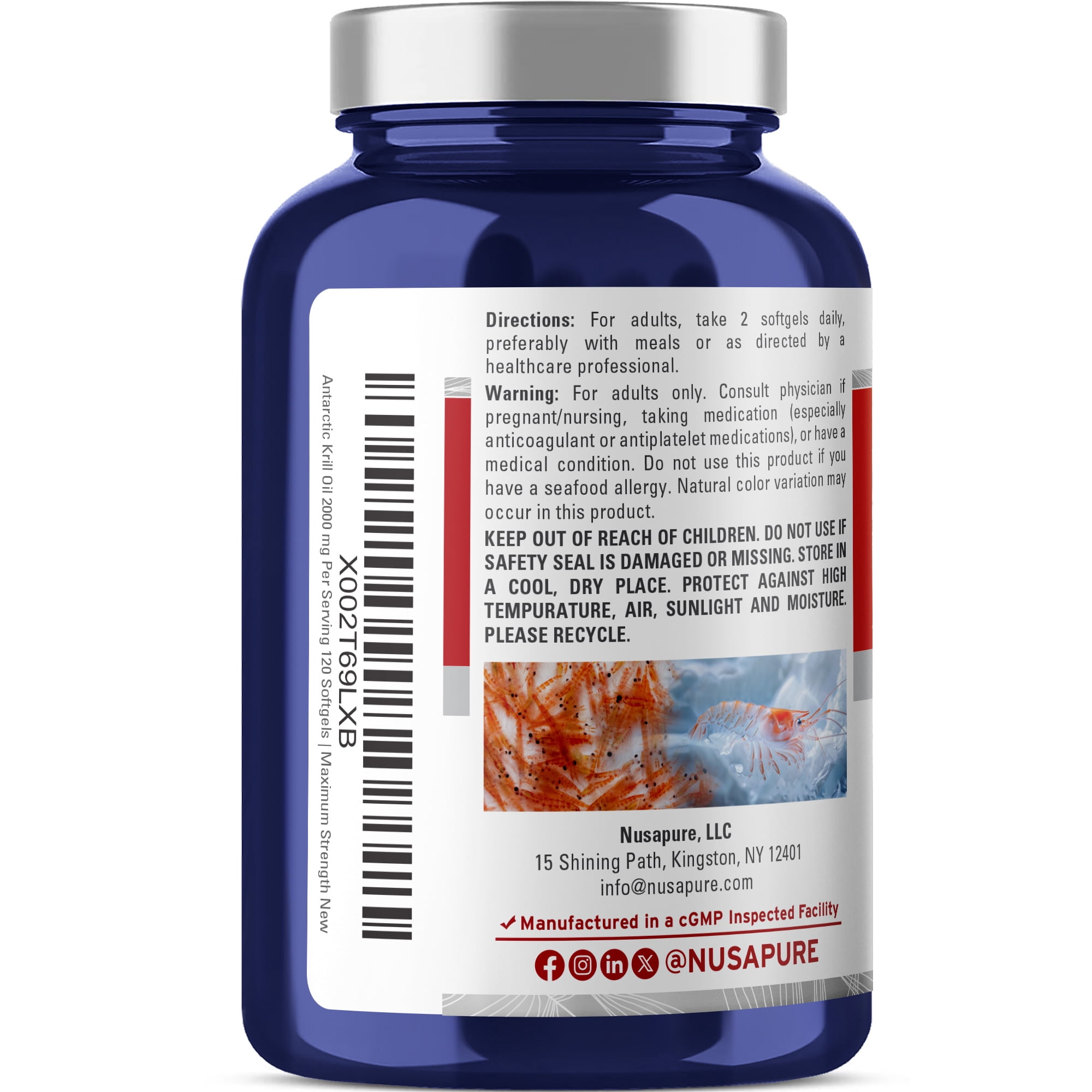 NusaPure Antarctic Krill Oil 2000 mg 120 Softgels | Omega-3 EPA 360mg, DHA 240mg, with Astaxanthin Supplement Sourced from Krill 800ppm | Maximum Strength