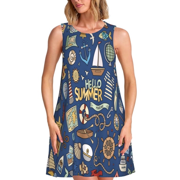 Balery Marine Nautical Vestidos de verano para mujer con estampado: vestido holgado sin mangas, vestido playero informal y cómodo para días calurosos.