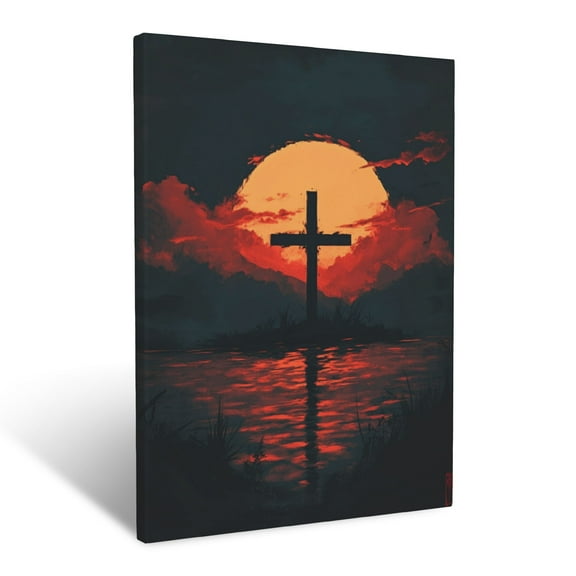 CozyNet A Serene Cross With A Sunset Behind It Symbol Of Faith & Hope Wall Art Prints With Frame Canvas Perfect for Living Room & Bedroom, Ready to Hang, Wall Decor 12"x16"