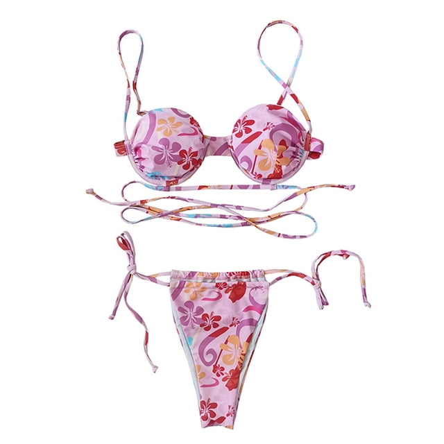 Bikini de dos piezas para mujer, conjunto de dos piezas con almohadillas para el pecho sin aros, correa sexy con estampado rosa Fridja nalpqowj57308
