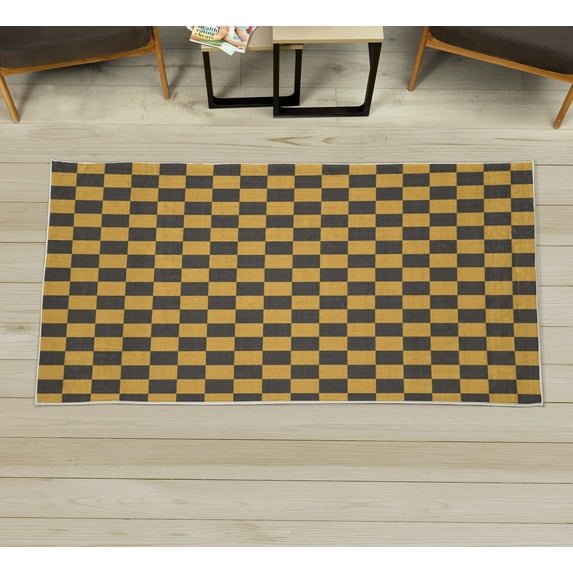 Checkers Game Decorative Rug, Geometric Grid Style Monochrome Squares in Traditional Game Board Design, Quality Carpet for Bedroom Dorm and Living Room, 6 Sizes, Yellow Charcoal, by Ambesonne