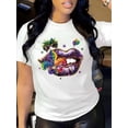 thumbnail image 1 of T-Shirt Imprimé Lèvres Mardi Gras pour Femmes, Col Rond Manches Courtes, 100 % Polyester, Longueur Régulière, Toutes Saisons - Design de Dessin Vibrant Fête des Pères, Fête des Mères, Nouvel An, 1 of 8