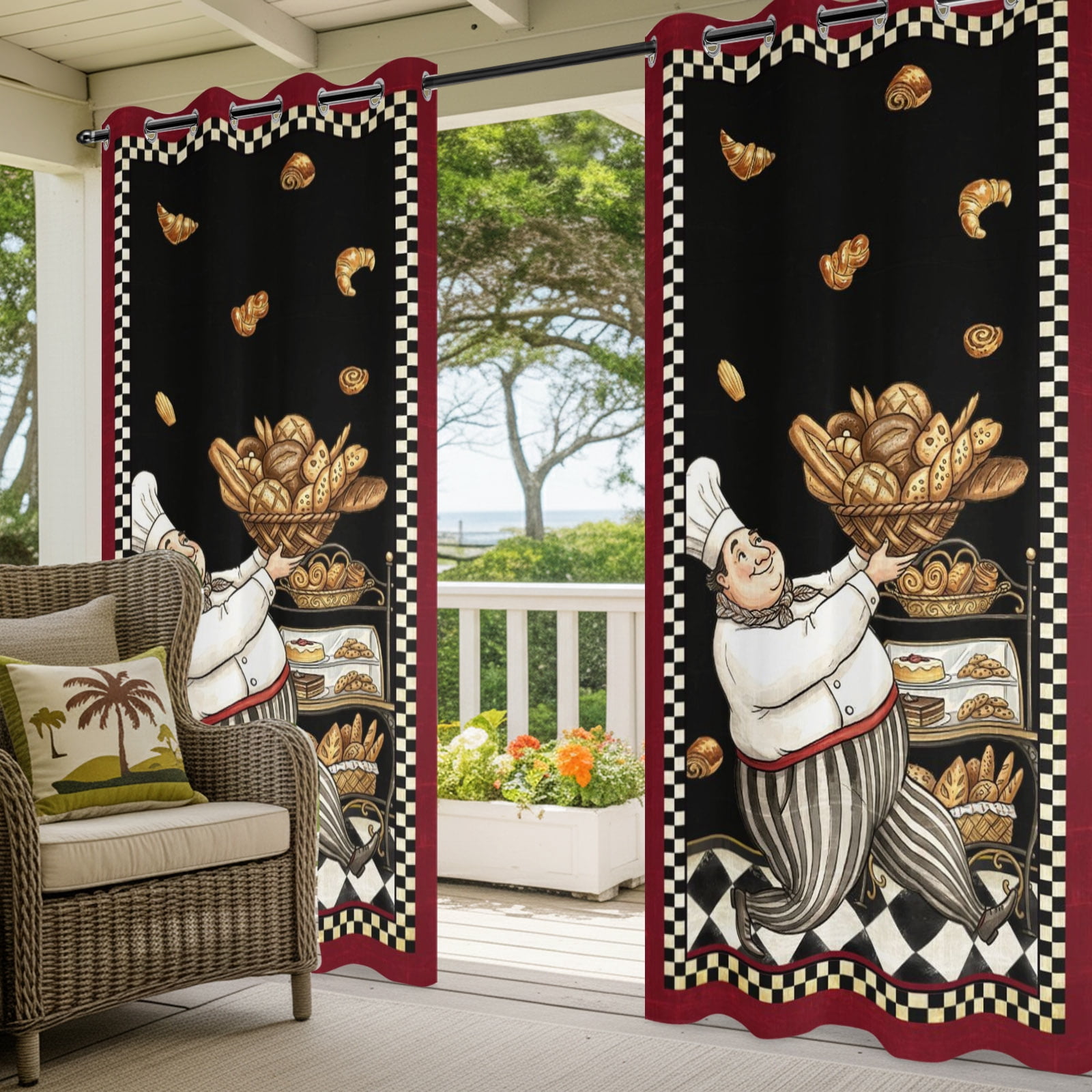 Retro Cartoon Chef Outdoor Curtains for Patio, Vintage Break Farmhouse Traditional Food Black Plaid Sunshade Privacy Drapes Grommet Waterproof Outside Curtains for Porch Balcony 54"x108", 1 Panel