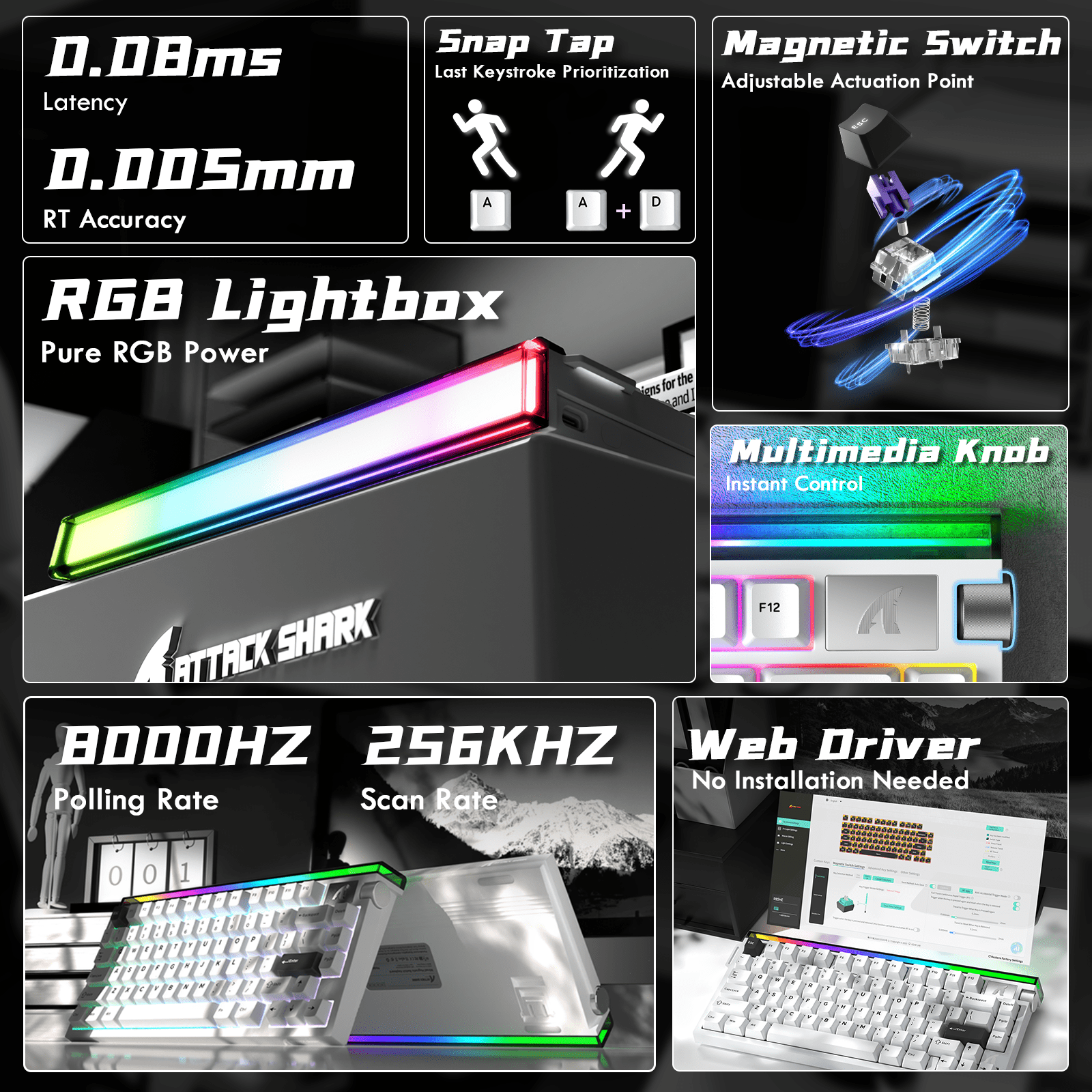 ATTACK SHARK R85 HE Wired 75% Hall Effect Rapid Trigger Mechanical RGB Gaming Keyboard with 8K Polling,0.05mm RT Accuracy,0.08MS Latency,Magnetic Switch,5 Layer Sound Damped,Driver for PC(Star White)