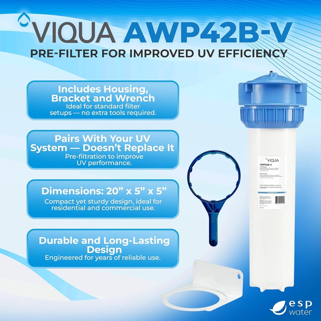 VIQUA AWP42B-V NSF 42 Certified Heavy Duty 3-Piece Whole House Filter Housing Kit for 4.5 x 20 Inch Cartridges