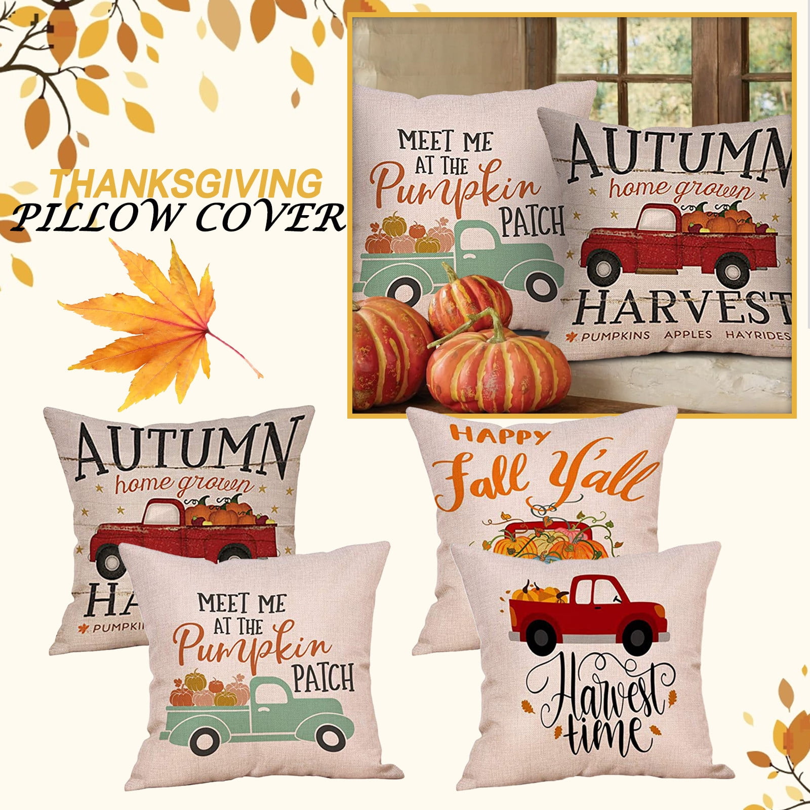 2 Pack Bed and Car Waitu Pillow Covers 18 x 18 Inches Linen Pillow Cases with Thanksgiving Fall Pumpkin Turkey Decorative Cushion Covers for Sofa 