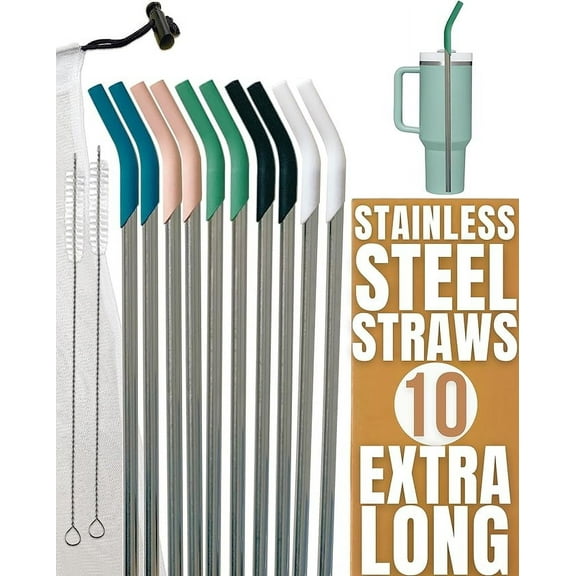purifyou 14.5 inch Stainless Steel Straws With Platinum Silicone Tips, For Stanley and other 40 oz Tumbler, Extra Long & Wide Set of 10 Reusable Drinking Metal Straw
