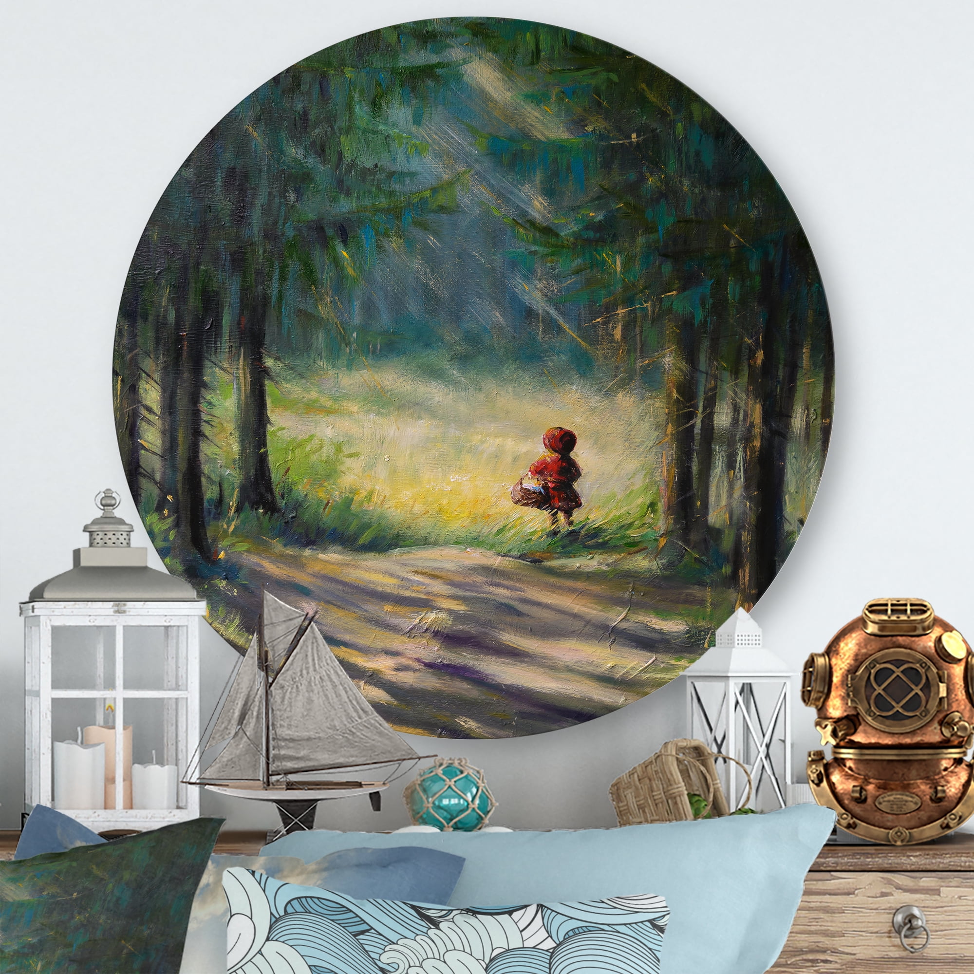 Designart 'Little Red Kid Riding Hood In The Woods' Traditional Circle Metal Wall Art 11x11 - Disc of 11