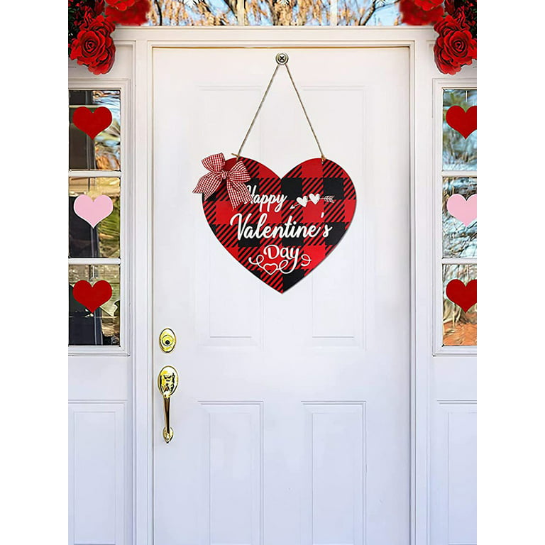 Ghopy Non Fading Heart Shaped Door Decoration Red And Black Plaid Wall Plaque Valentines Day Decorations Wooden Front Decor For Home Com