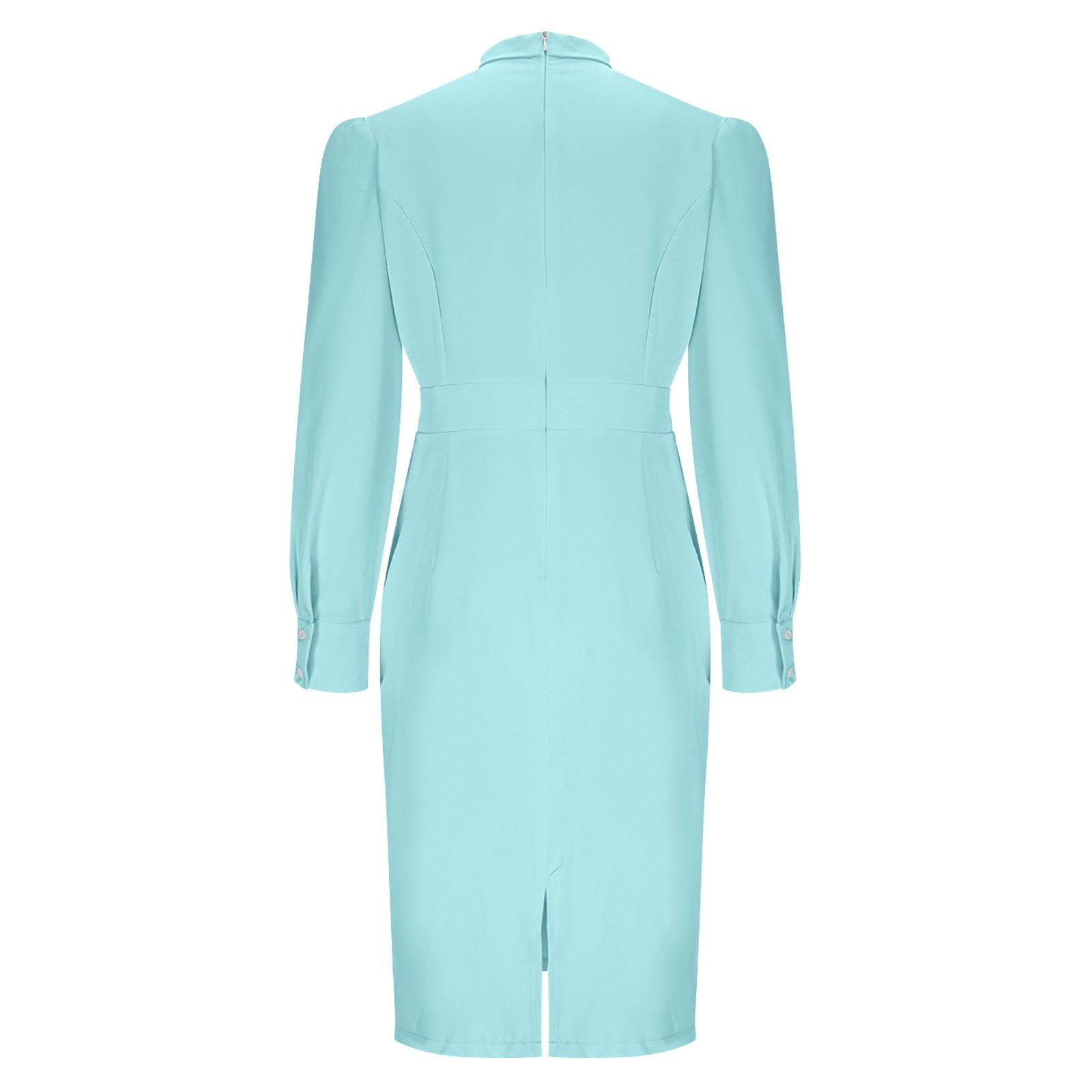 Hvot&aat Women's Elegant Business Dress Casual Knee Length Bodycon Pencil Dress Solid Long Sleeve Bows Waisted Dresses