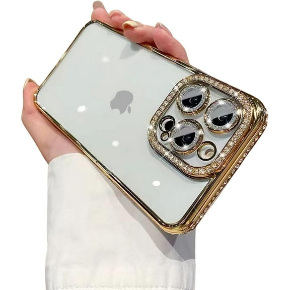 Compatible with iPhone 14 Pro Max Case Glitter Plating Luxury Bling Rhinestones Diamond Cover for Women Girls Clear Soft TPU Camera Protector Shockproof Case for 14 Pro Max 2022 (Gold)
