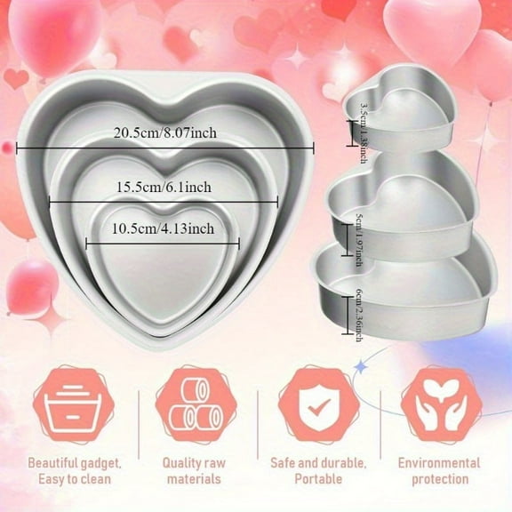 A Set of Three Heart-Shaped Cake Pans in Sizes 4, 6, And 8 Inches, Made of Aluminum, Perfect for Valentine'S Day, Festivals, Birthdays, And Wedding Parties, Ideal for Baking DIY Cheese Chiffon Cakes.