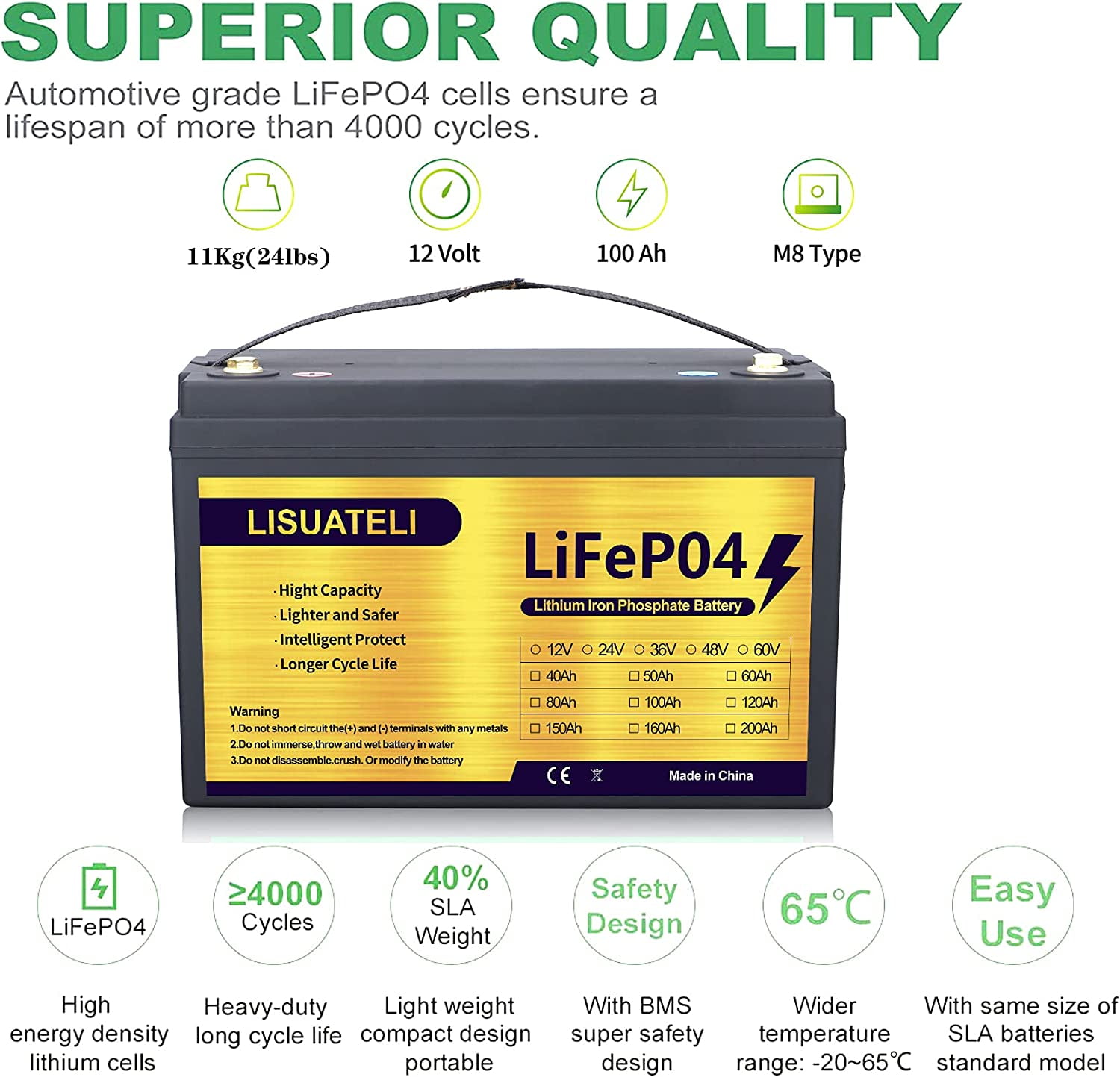 LISUATELI 12V 100Ah Lifepo4 Lithium Batteries  Deep Cycles for Golf Cart Solar RV Camper Marine Battery  1280Wh with 100A BMS