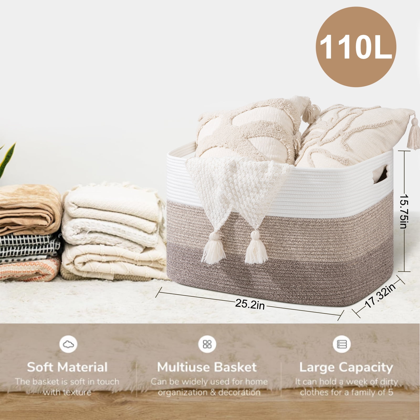 CHERISHGARD 110L Large Rectangle Storage Basket，Woven Basket For Laundry, Nursery, Bedroom，25.2"L x 17.32"W x 15.75"H