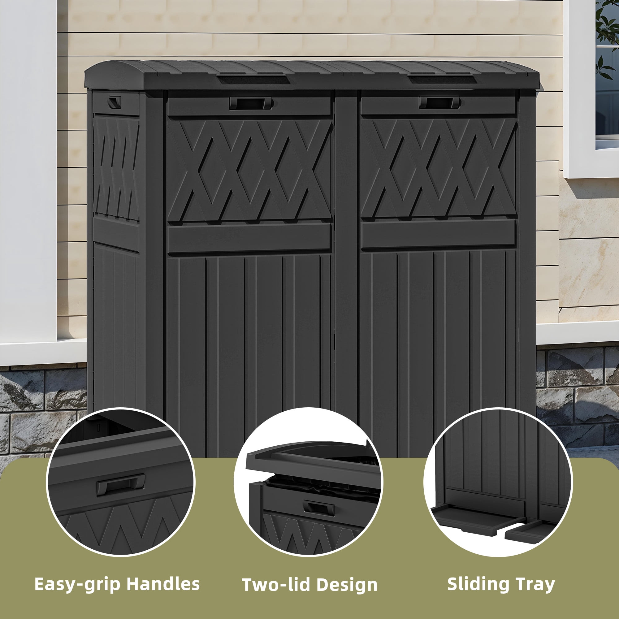 Uforic 66 Gallon Double Compartment Trash Can, Weatherproof Resin Garbage Bin with Lid & Drip Tray, for Patio Deck Backyard Kitchen, Black