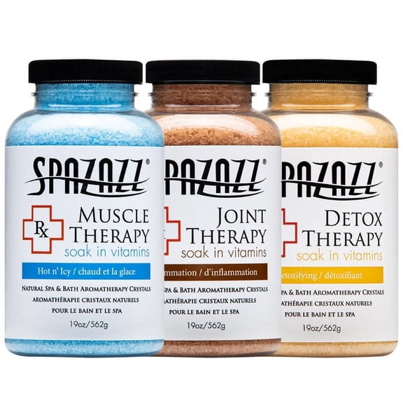 Spa & Hot Tub RX Therapy Muscle Detox Joint Bundle 3 Pack Gift Set - Spazazz Therapeutic Mineral Dead Sea Bath Salt Crystals Collection Includes Hot Cold Towel & Five Point Full Body Massager (19 oz)
