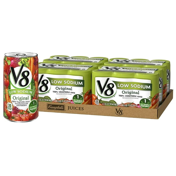 V8 Low Sodium Original 100 Vegetable Juice, 5.5 oz. can (4 packs of 6