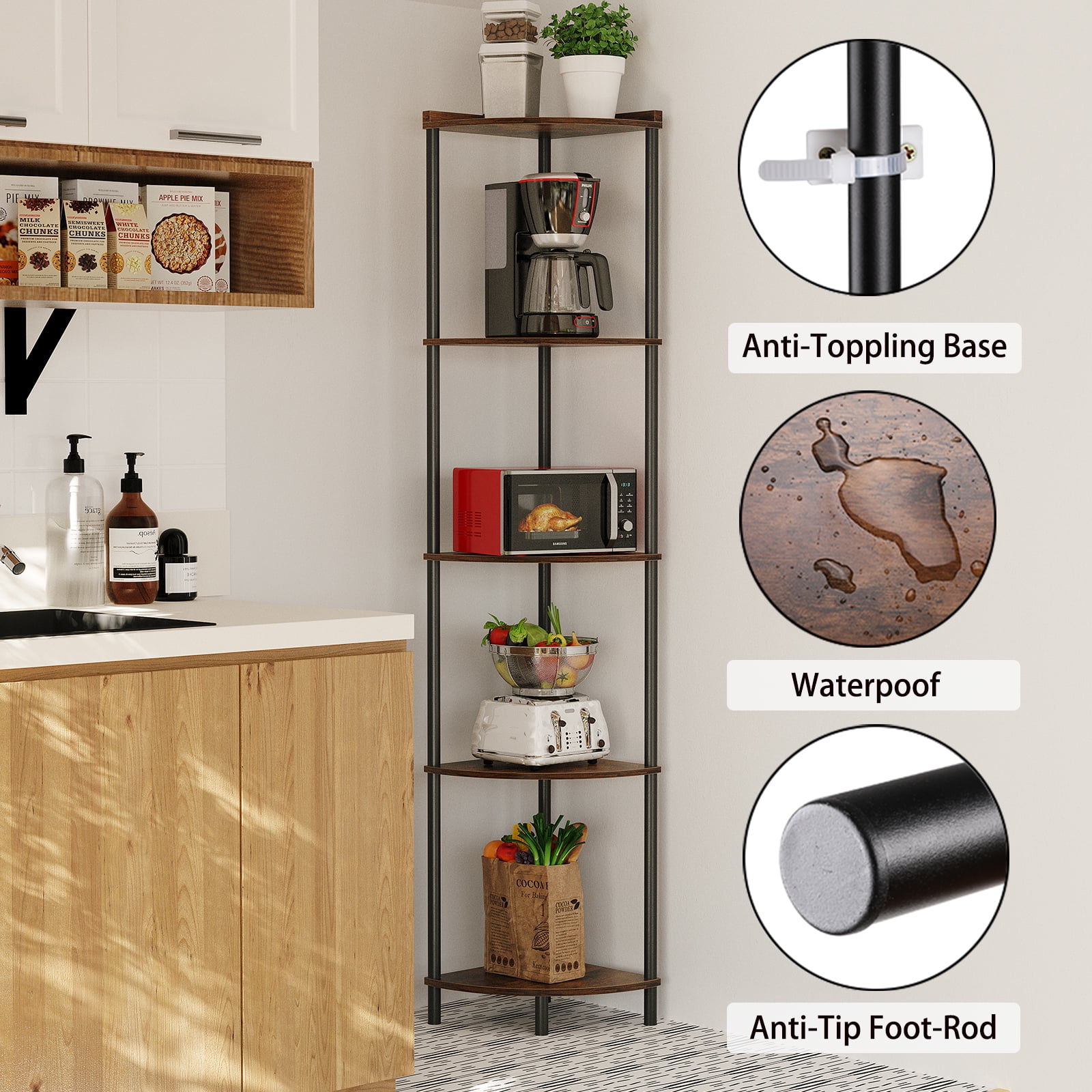 SUNMORY 65" Corner Shelf Stand, 5-Tier Industrial Corner Shelves, Wall Corner Bookshelf, Display Shelf Tall Shelf Plant Stand for Bedroom, Bathroom, Living Room, Corridor