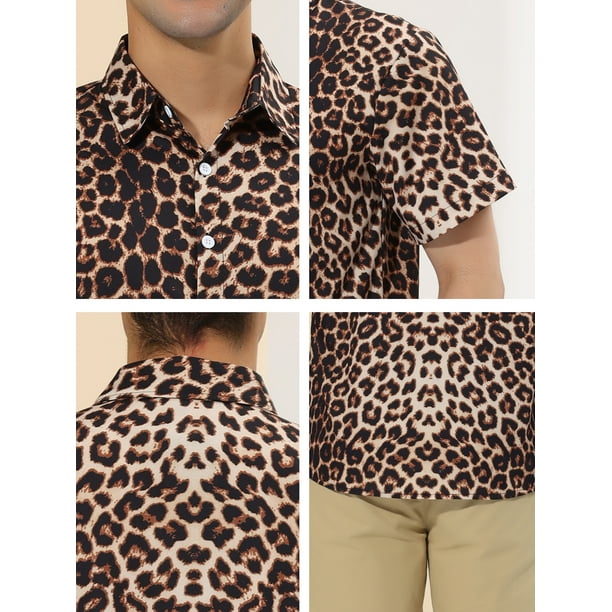 Unique Bargains Men s Leopard Print Short Sleeves Summer Animal Printed Shirts Leopard Print XL