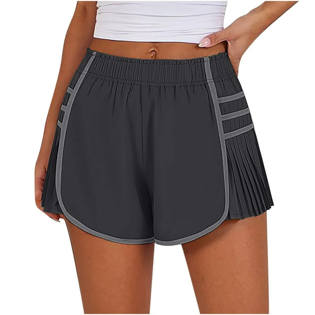 Women's High Waisted Running Shorts - Pleated Contrast Color, Built-in Briefs, Quick-Dry
