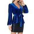 thumbnail image 4 of INSPIRE CHIC Women's Velvet Blouse V Neck Long Sleeve Tie Waist Peplum Tops XL Royal Blue, 4 of 5