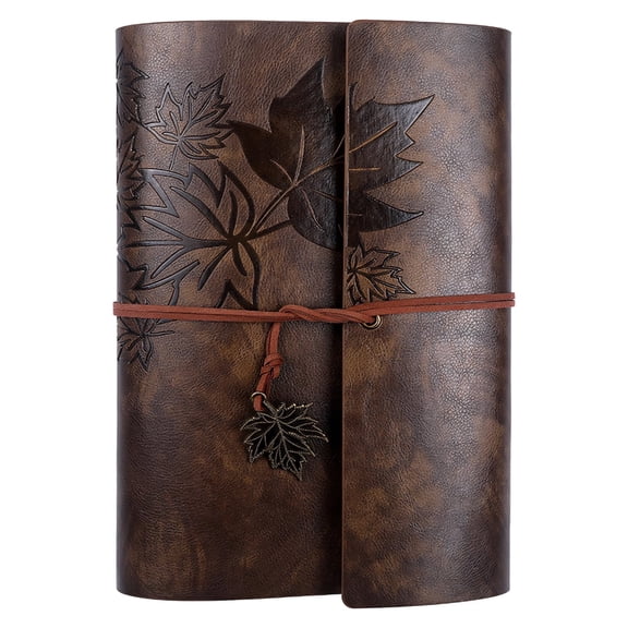 A5 Vintage Leather Journal with Maple Leaf Design, Refillable 3 Ring Binder Notebook, PU Cover Writing Diary, Art Journal Travel Sketchbook with Strap Closure