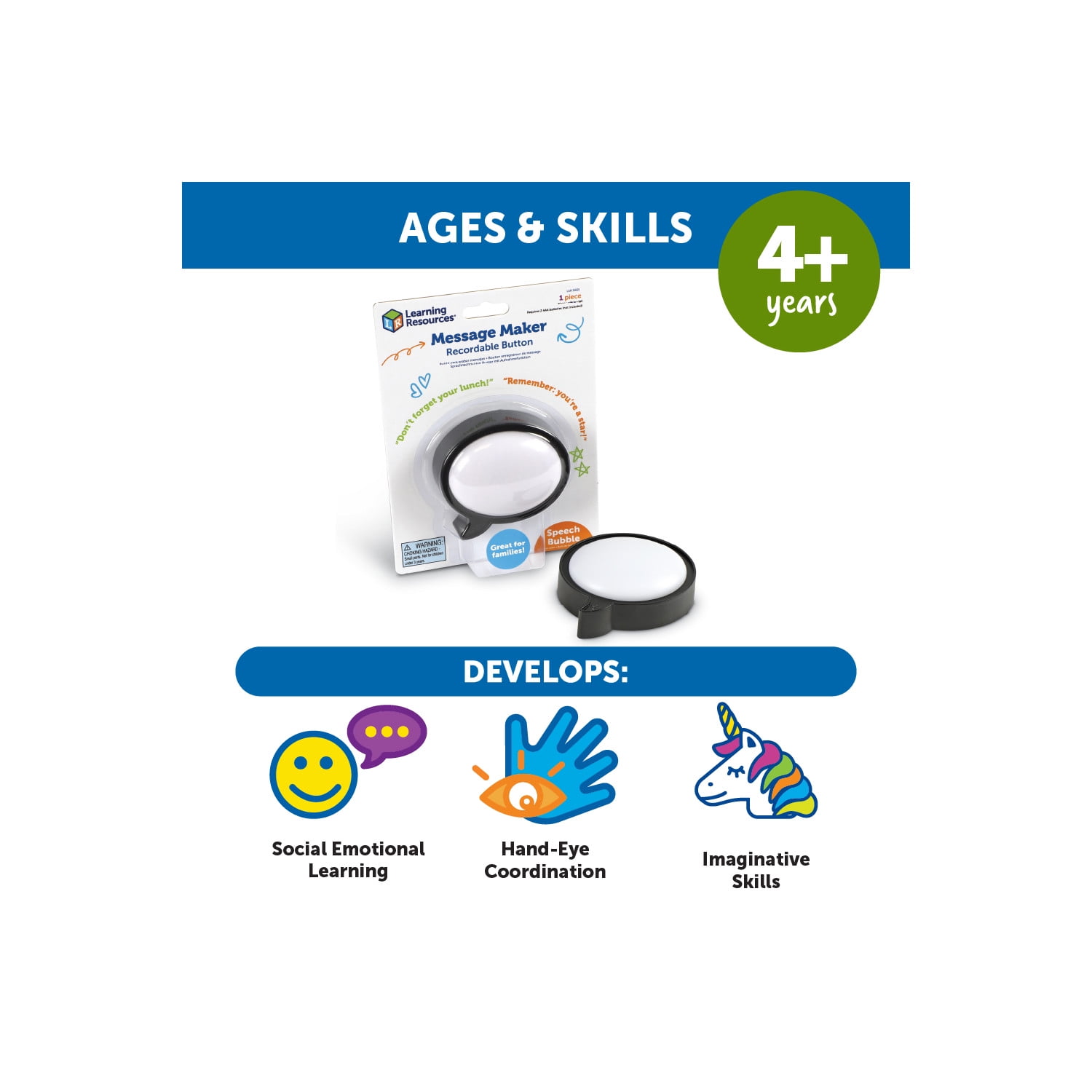 Learning Resources  Message Maker Recordable Button  Speech Bubble -SEL,  Ages 4+