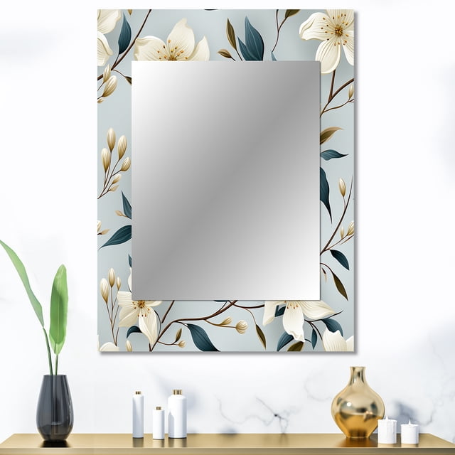 Designart "Whispering Subtlety II" Floral Wall Mirror, Printed Beige Wall Mirror, Traditional Bathroom Wall Mirror, Decorative Floral Mirror - 30x40 Inch