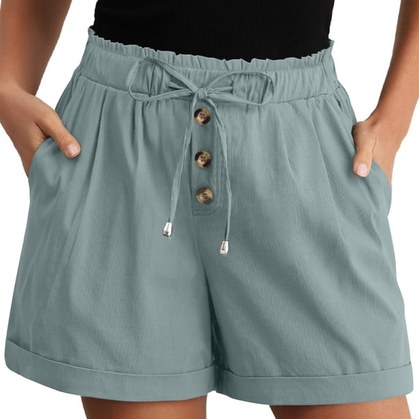 Pantalones Cortos de Piernas Anchas para Mujeres Lino de Color Sólido, Cintura Elástica Cómoda Longitud Regular