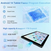 Tablet 10 inch Android 14 Tablets, 6GB RAM 64GB ROM 1TB Expand, Octa-core Processor, 1280x800 LCD Touch Screen, WiFi 6, Dual Camera, BT5.0, 6000mAh Battery