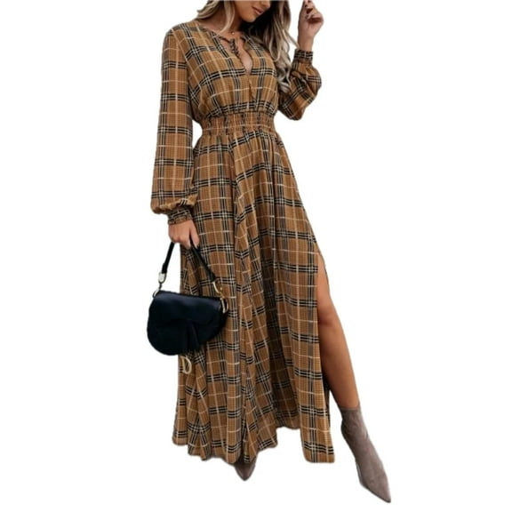 Women's Slit Plaid Tie Neck Long Sleeve Maxi Dress 100% Polyester Comfortable Flowy Silhouette For Everyday Occasion