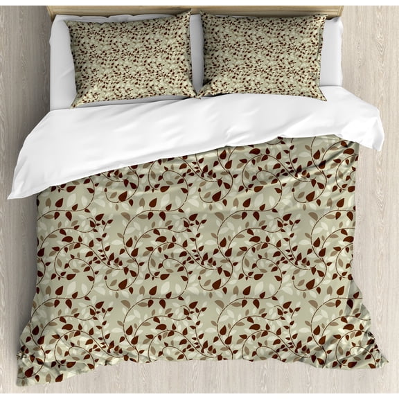 Flower Duvet Cover Set, Floral Buds Design with Leaves Swirls Abstract in Tones Modern Art Print Image, Decorative 3 Piece Bedding Set with 2 Pillow Shams, Queen Size, Brown and Khaki, by Ambesonne