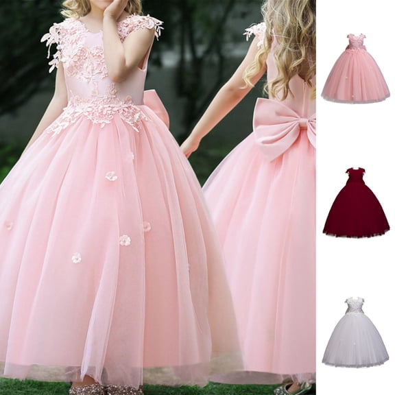 HJYCHN Girls' Dresses Long Sleeve Lace V Back Pageant Gown with Large Bow and Train for Kids Dress 12-13 Years