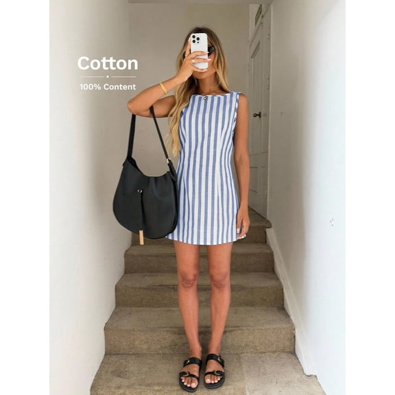 Blue And White Striped Cotton Sleeveless A-Line Mini Dress, Casual Vacation Style