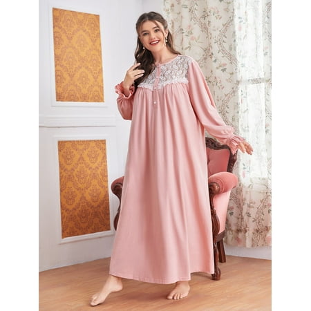 

Baby Pink Royal Women s Plus Contrast Lace Half Button Flounce Sleeve Nightdress 4XL(20) Y22001D