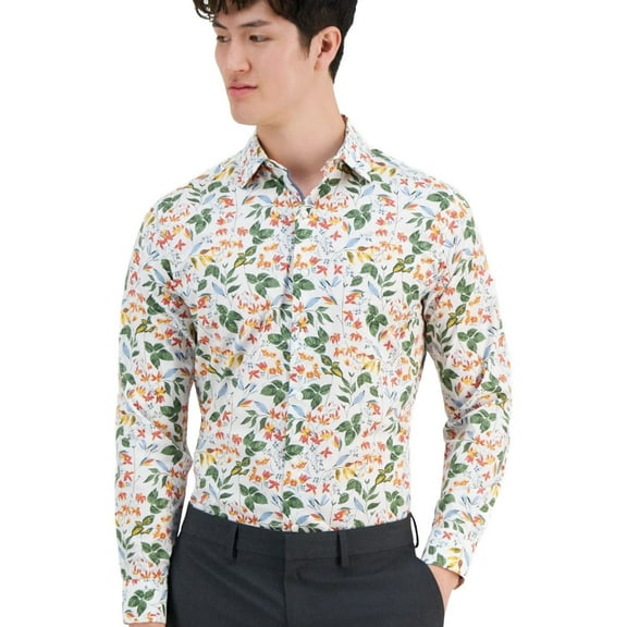 Bar Iii Mens Slim fit Dress Shirt Small 14-14.5 Long Sleeve White Green Floral
