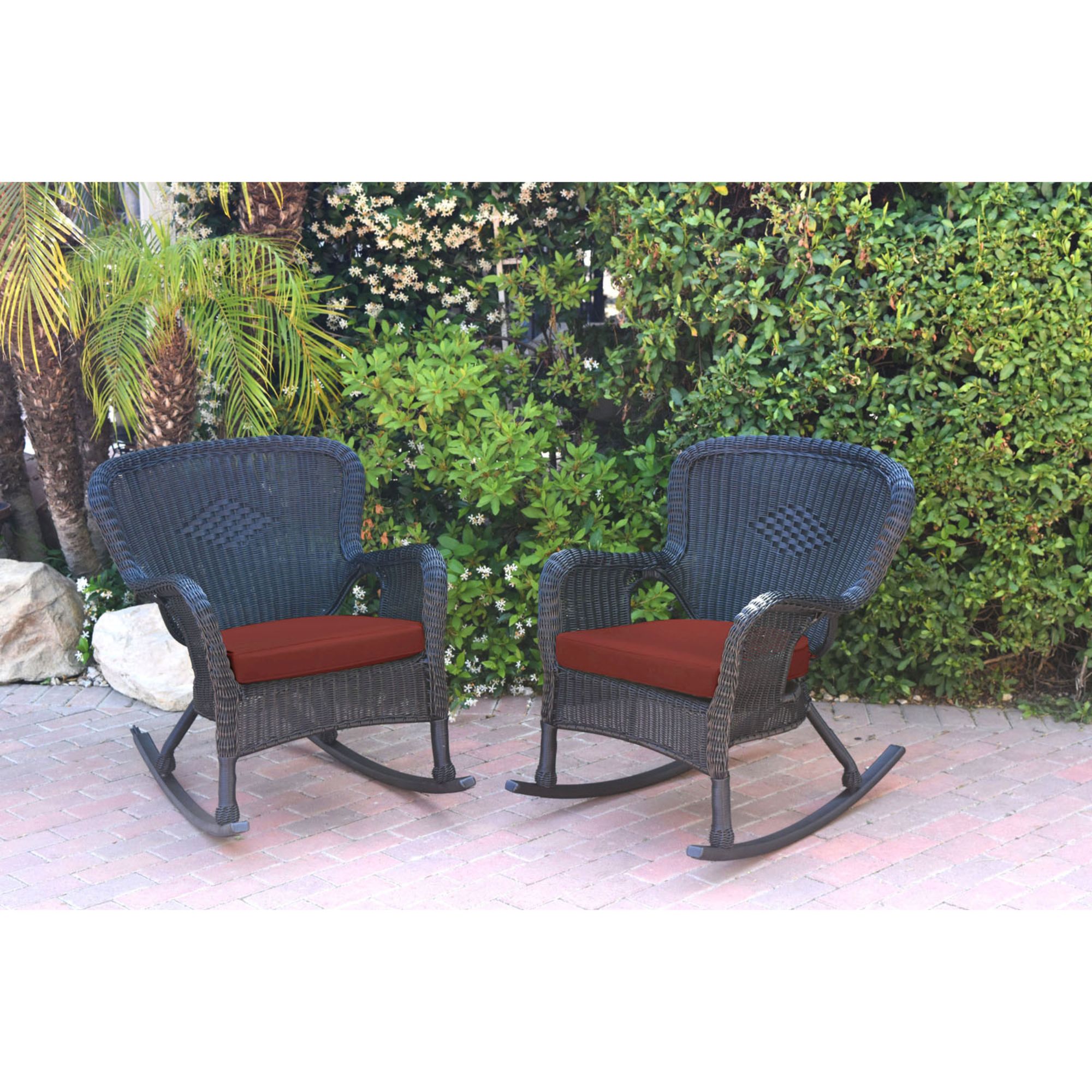 Set of 2 Black Resin Wicker Rocker Chairs with Red Cushions Walmart