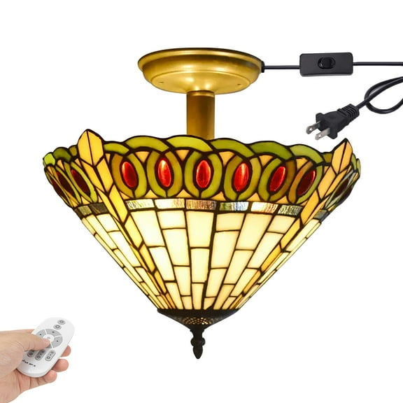 Kiven 13.8in Plug-in Flush Mount Ceiling Light Fixture, 3-Light Anti Glare Close to Ceiling Light with 15FT Cord, Tiffany-Style Glass Chandelier Dimmable for Bedroom Kitchen Hallway(No.3215)