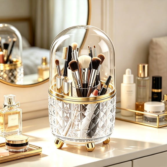 360° Rotating Makeup Brush Organizer with Dome Dustproof Lid, Diamond Embossed Clear Cosmetic Storage for Brushes Lipsticks Eyebrow Pencils, Gold Footed Vanity Countertop Holder