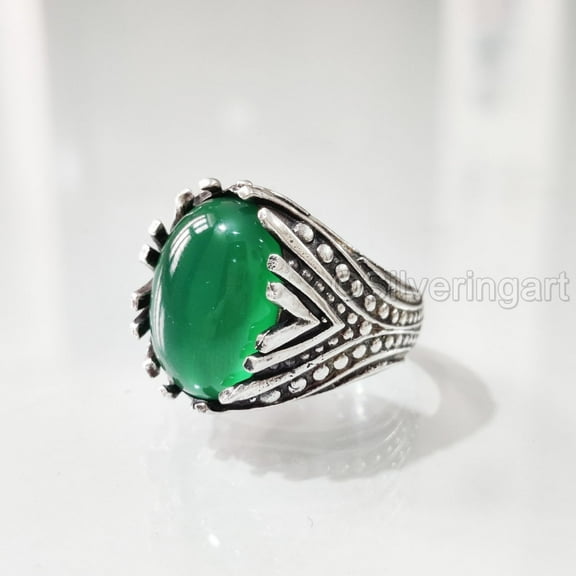 Green Onyx Mans Ring, Natural Green Onyx, December Birthstone, Silver Jewelry, 925 Silver Ring, Birthday Gift, Heavy Mens Ring, Arabic Design, Ottoman Style Ring, Christmas, Turkey Mens Signet Ring