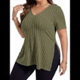 thumbnail image 1 of Blusas de Talla Grande para Mujer, Informales, con Cuello en V, Corta y Dobladillo Dividido, para Verano Verde 4XL, 1 of 8