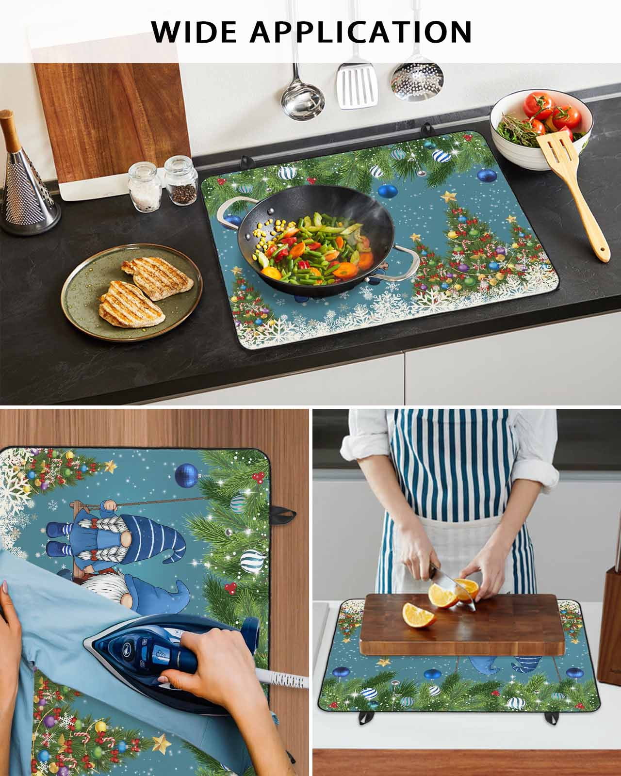 Large Induction Cooktop Protector Mat Blue Teal Gnomes Christmas Stove Top Covers for Electric Stove, Xmas Tree Balls Snowflake Decorative Stove Burner Cover Mats, Glass Top Stove Cover