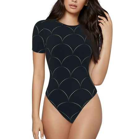 Easygdp Black Fish scales Women s One-Piece Swimsuit Slim Fit Crew Neck Bodysuit Athletic Swimwear with Concealed Buckle - Large