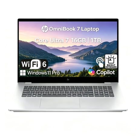 HP OmniBook 7 17.3 inch Next Gen AI PC, FHD Touchscreen Display, Intel Core Ultra 7 256V, 16 GB LPDDR5 RAM, 1 TB SSD, Intel Arc 140V GPU, Windows 11 Pro, Copilot+ PC, Glacier Silver, 17-dc0000nr