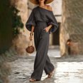 thumbnail image 5 of Szluipve 2 Piece Sets for Women Off‑Shoulder 2 Piece Outfits Puff Long Sleeve Slanted Shoulder Top & High Waist Pleated Wide Leg Pants Casual Vacation Matching Set Black L, 5 of 9